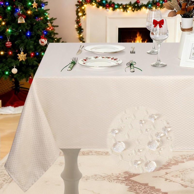 JUCFHY Jacquard Morrocan Rectangle Table Cloth Oil-Proof Spill-Proof and Water Resistance Tablecloth,Decorative Fabric Table Cover for Outdoor and Indoor Use,60 x 144 Inch,Cream - Image 1